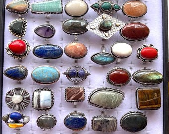 Set of 8 mystery Natural gemstone rings,  wholesale big gemstone rings, hippie gemstone ring, mystery big hippy rings , rings grab bag
