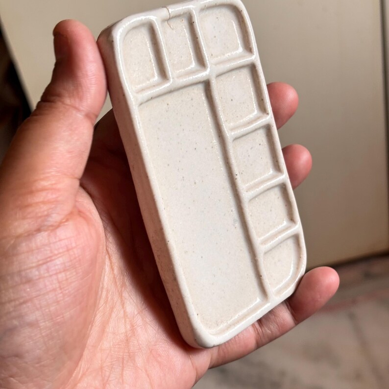 Pu&ograve; includere: Una tavolozza per pittura rettangolare in ceramica bianco sporco con pi&ugrave; pozzetti per mescolare i colori. La tavolozza, tenuta in mano, mostra la sua texture macchiettata e il suo design semplice. Ideale per artisti e artigiani.