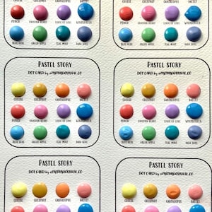 May include: Multiple dot cards labeled "Pastel Story" with various color swatches. Each card features a grid of colorful dots with names like "Cheese," "Chestnut," and "Windsurfer." The text "DOT CARD by @mytinyjournal.co" is also present.