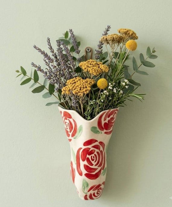 Rosenförmige Keramik-Wandvase – 12,7 cm (5 Zoll), rustikaler Cottage-Core-Stil, Pinterest-inspiriert von Sukkulenten, für Trockenblumenpflanzgefäße