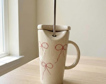 Pink Bow Embossed Ceramic travel Mug with Lid & Straw, 450 ml Coffee Mug, Gifts for girlfriend, mommy gifts,  kitchen finds