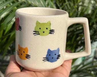 Handmade cat ceramic mug 300 ml , cute cat detail ceramic cup,  gift for girlfriend, pet gifts,  cat theme mug
