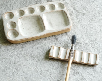Paleta de cerámica rústica + soporte de pincel de cerámica, juego de regalo de arte, regalo de artista