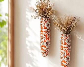 Orange floral ceramic vase wall hanging - For succulents, dry flowers bunch vase (no holes) 5.6 x 19 cm , glossy finish, pottery gift