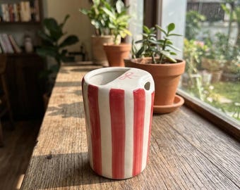 red striped Ceramic travel Mug with half lid , 450 ml