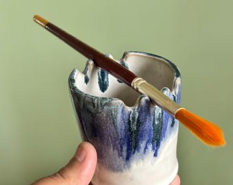 Blue Handmade Ceramic Brush Rest Cup, 3 slot paint water cup  Watercolor Paint Palette