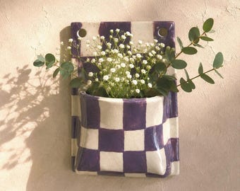 Ceramic checkered wall pocket budvase, Ceramic  Wall Plant Holder | Ceramic Wall Ornament | Ceramic Flower Wall Vase