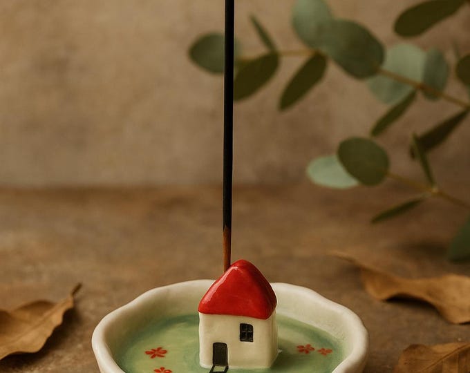 Pre order 4 inch Cute mini house incense holder dish, cute ceramic incense holder -mini cottage incense holder,  Pottery favors