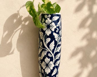Blue floral ceramic vase wall hanging - For dry flowers bunch vase , air palants, 5.6 x 19 cm , glossy finish, unique home gift
