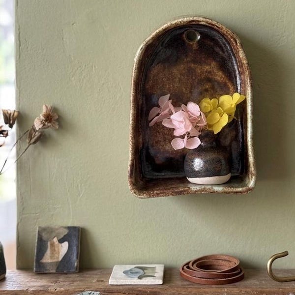 Speckled  Mini Ceramic Wall budvase, 11 by 13 cm Boho Altar Decor, Rustic Handmade Planter