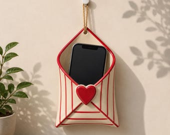 Red striped Envelope ceramic wall phone holder  hanging - For Iphone, 5 x8 inch  memo cards, notes, dry flowers , wall envelope decor