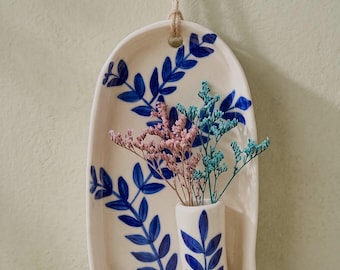 Seconds clearance sale - Blue Leaf Ceramic Wall Vase – Rustic Handmade Planter (11 x 15 cm)- Cracked at bottom edge -