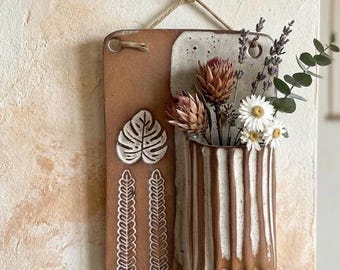 Rustic ceramic wall pocket vase hanging, Terracotta finish ceramic wall decor, 12 cm x 15 cm, raku finish