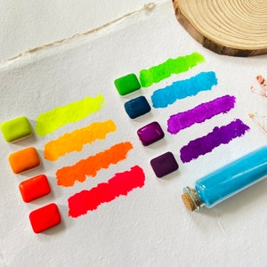 Neon paint set-8 pans - Neon Handmade watercolor  paint,  Natural neon pigment paints, Fluorescent Paints - paint gift set, artist gift
