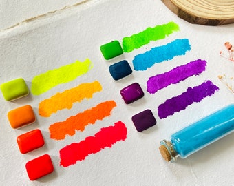 Neon paint set-8 pans - Neon Handmade watercolor paint, creamy neon pigment paints, Fluorescent Paints - paint gift set, artist gifts