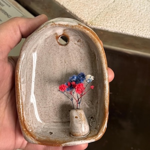 Rustic small ceramic wall hanging with budvase, Terracotta finish ceramic altar 10 cm, ceramic wall vase