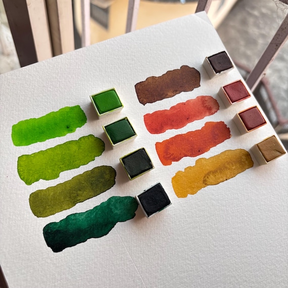 Handmade matt Watercolor Set – forest Palette, 8 Half Pans - artist green an dbrowns paint set