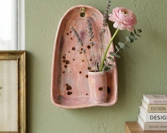 Pink ceramic altar wall vase - wall hanging vase - Dry flowers Included , Housewarming gift