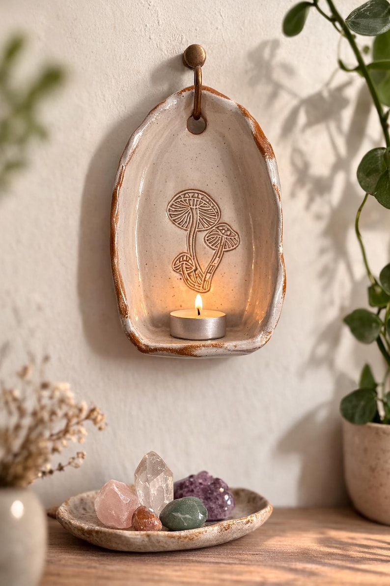 Rustic small ceramic wall hanging with budvase, Terracotta finish ceramic altar 10 cm, ceramic wall sconce image 17