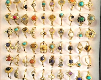 Set of 10 assorted brass gold Natural gemstone rings,  wholesale gold gemstone rings, hippie gemstone ring, mystery rings grab bag ,