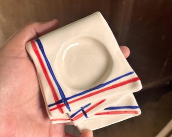 Folded cloth blue ceramic spoon rest - Handpainted kitchen cloth spoon laddle rest - housewarming gift, unique pottery gift