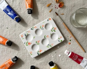 Paleta de cerámica floral - Paleta de pintura de cerámica de 6 compartimentos - Paleta de artista de diseño único - Regalo perfecto para artistas, Impuesto prepagado de EE. UU.