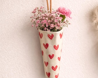 Red hearts ceramic vase wall hanging - For flower buds, dry flowers (no holes) 9 cm , glossy finish