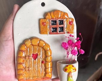 Fairy door ceramic wall hanging vase - 12 x 16 cm , Ceramic wall air plant holder , ceramic colourful wall hanging