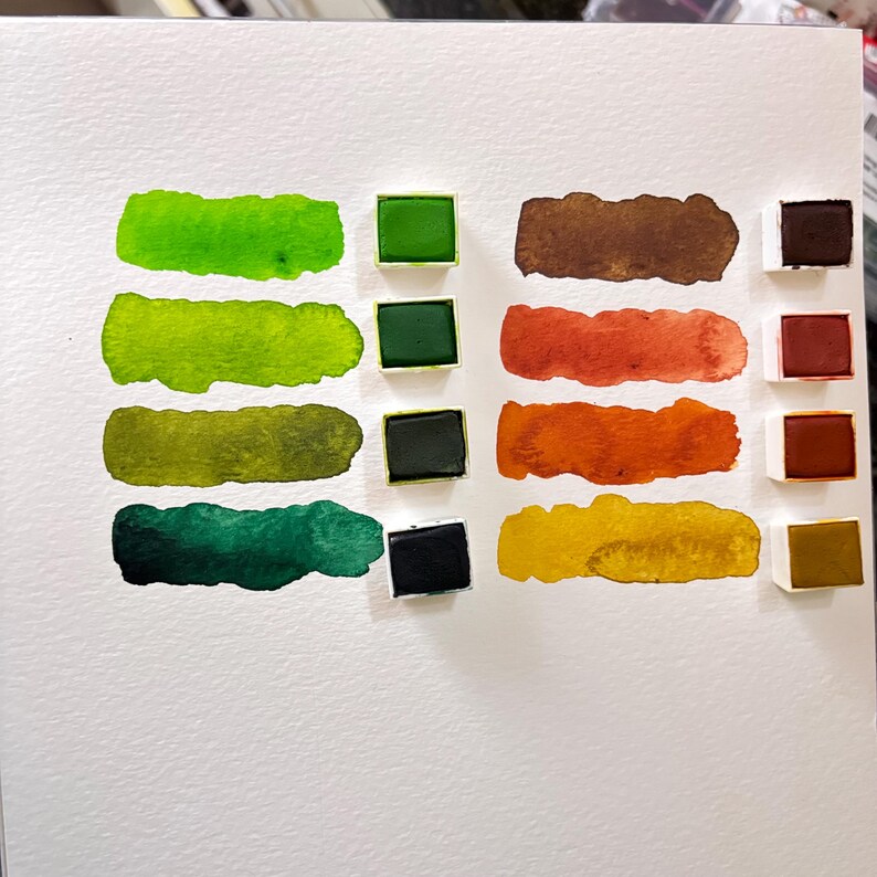 May include: Watercolor paint swatches in various shades of green, brown, orange, and yellow. Each color is displayed as a rectangular block and a painted stroke on white paper. The paint is in small, square pans.