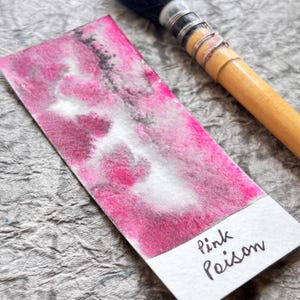 May include: A watercolour swatch with a vibrant pink and grey abstract design. The bottom of the swatch has the words "Pink Poison" written in black ink. A paintbrush with a wooden handle and black bristles is in the background.