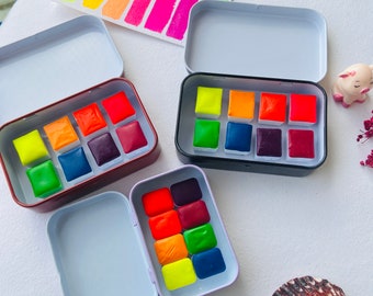 Handmade Neon Watercolor set of 8 - vibrant Neon paints - Matt fluorescent watercolor set - Artist paint gift set - neon aquarelle set