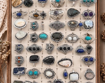 8 Piece Mystery Natural Gemstone Rings, Wholesale Mixed Brass Rings (Antique Silver Polish)