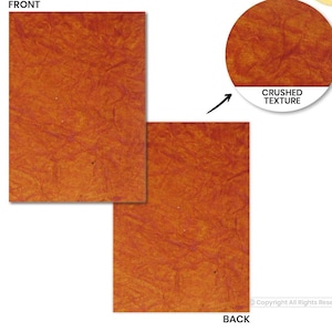 May include: Two sheets of textured, orange-brown paper with a crushed appearance. The front and back of the paper are shown, along with a close-up of the texture. The close-up is labelled "CRUSHED TEXTURE".