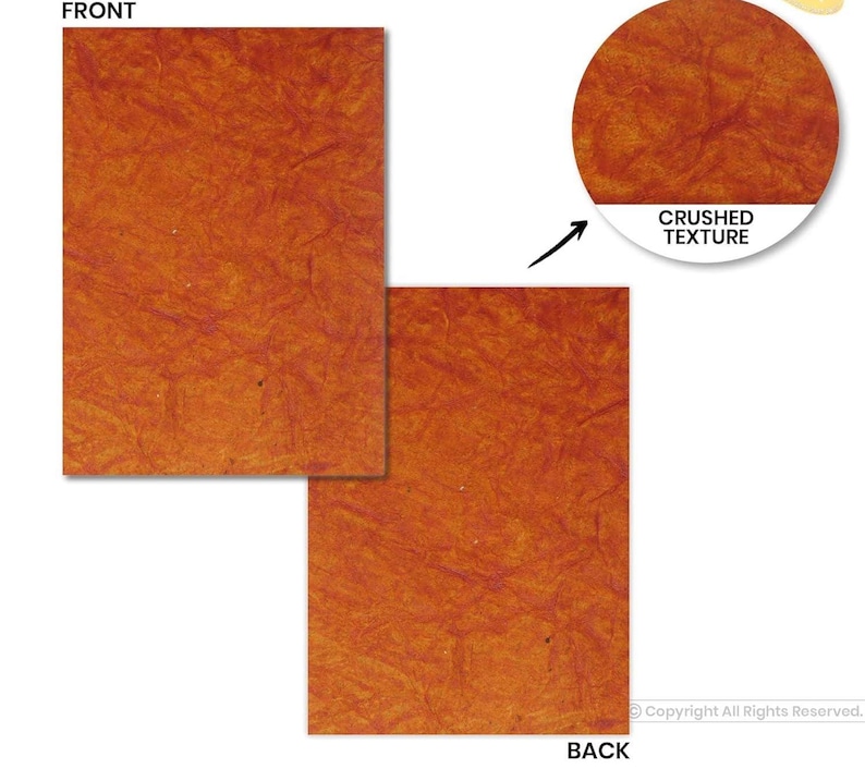 May include: Two sheets of textured, orange-brown paper with a crushed appearance. The front and back of the paper are shown, along with a close-up of the texture. The close-up is labelled "CRUSHED TEXTURE".