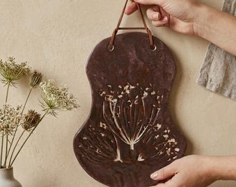 Handmade ceramic wall hanging - Rustic botanical print - 15 ,x  23 cm