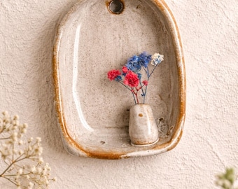 Rustic small ceramic wall hanging with budvase, Terracotta finish ceramic altar 10 cm, ceramic wall sconce