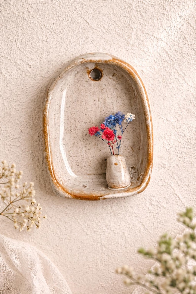 Rustic small ceramic wall hanging with budvase, Terracotta finish ceramic altar 10 cm, ceramic wall vase