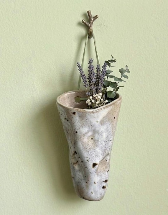 Mocha rustic ceramic wall vase hanging - For flower buds, dry flower bunch 12 cm , glossy rustic finish