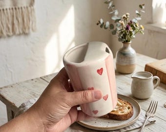 Pink stripes hearts Ceramic travel Mug with half lid , 450 ml