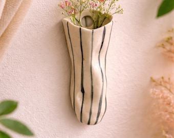 Striped ceramic vase wall hanging - For succulents, dry flowers bunch (no holes) 9 cm , glossy finish, pottery gift