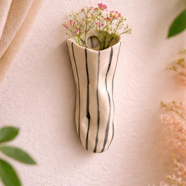 Striped ceramic vase wall hanging - For succulents, dry flowers bunch  11-13 cm , glossy finish,  Christmas gift