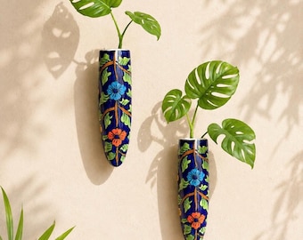 Blue floral ceramic vase wall hanging - For succulents, dry flowers bunch (no holes) 5.6 x 19 cm , glossy finish, pottery gift
