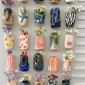 Può includere: Una collezione di piccoli vasi decorativi in ceramica di varie forme e motivi, ognuno con piccoli fiori. I disegni includono strisce, cuori e motivi floreali. I vasi sono disposti su una superficie grigio chiaro.