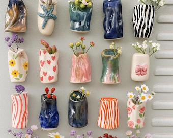Spring Ceramic Bud Vase Fridge Magnet minis, spring pottery decor 4.5 - 6  cm height , Whiskers magnet vase