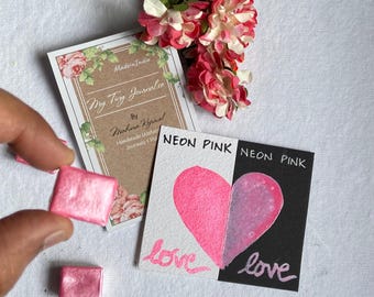 Neon pink - pastel neon pink Metallic Watercolor Half Pan - Handmade Shimmer Paint