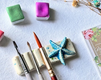 Starfish Ceramic Brush rest - sky blue sea themed brush holder , paintbrush organiser,  art gift