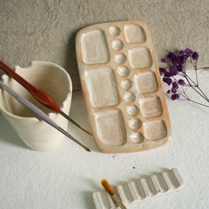 Stoneware Watercolor floral ceramic paint palette set - palette + water cup + brushrest handmade ceramic palette set, rustic ceramic palette