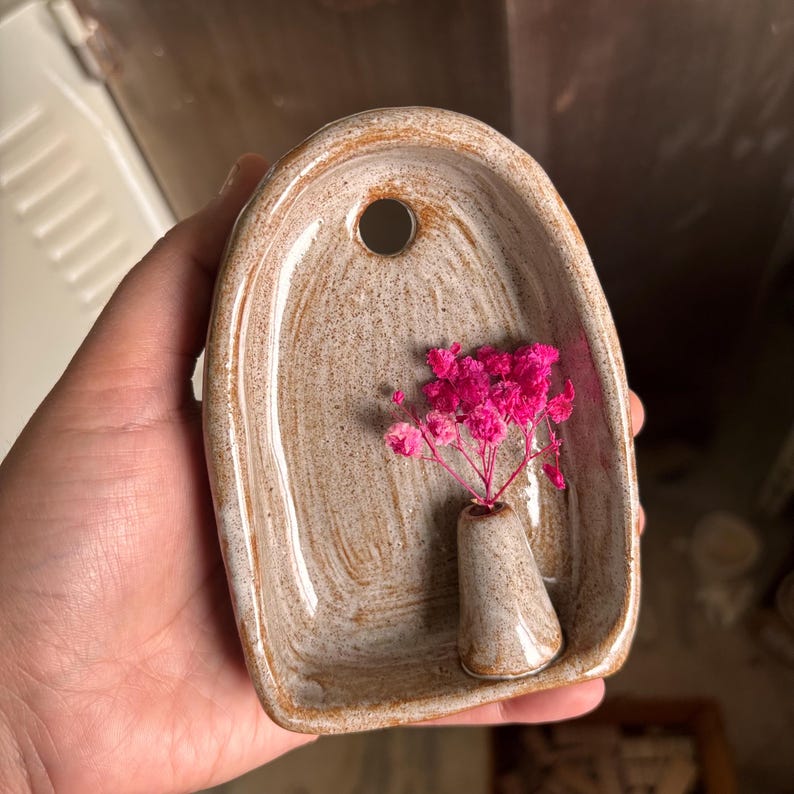 Rustic small ceramic wall hanging with budvase, Terracotta finish ceramic altar 10 cm, ceramic wall sconce image 3