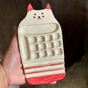 Ampia tavolozza in ceramica a tema gatto con 3 scomparti per pennelli, graziosa tavolozza in ceramica a forma di gatto