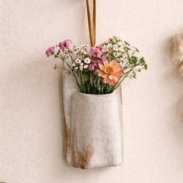 Rustic ceramic wall pocket vase - For dry flowers, air plants , flower buds 8x 15 cm ,  unique pottery gifts, Mom gifts
